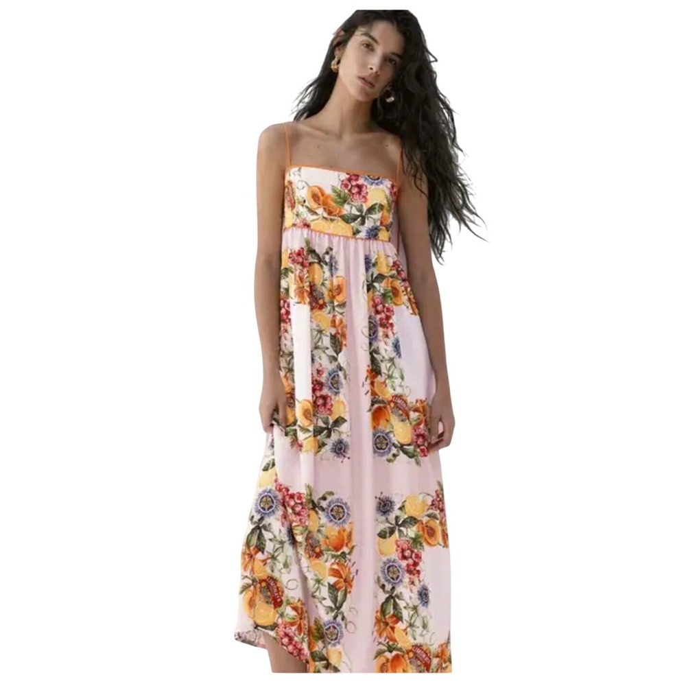 H&M Fruit Floral Boho Babydoll Maxi Dress‎ XL Statement Tropical Resort Summer